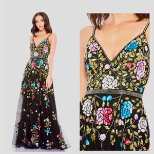 Mac Duggal Black Gown with Vibrant Floral Embroidery